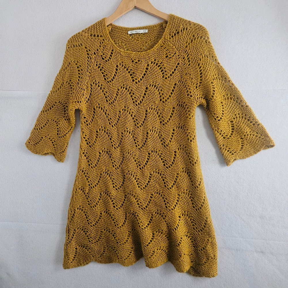 Erin Paige Mustard Yellow Crochet Open Knit Chevron Tunic Sweater One Size O/S